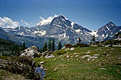 Alpe Veglia - Per tutto il percorso di ascesa al Lago del Bianco (2157 m s.l.m.)  la vetta del monte Leone con i suoi 3550 m domina il paesaggio. 